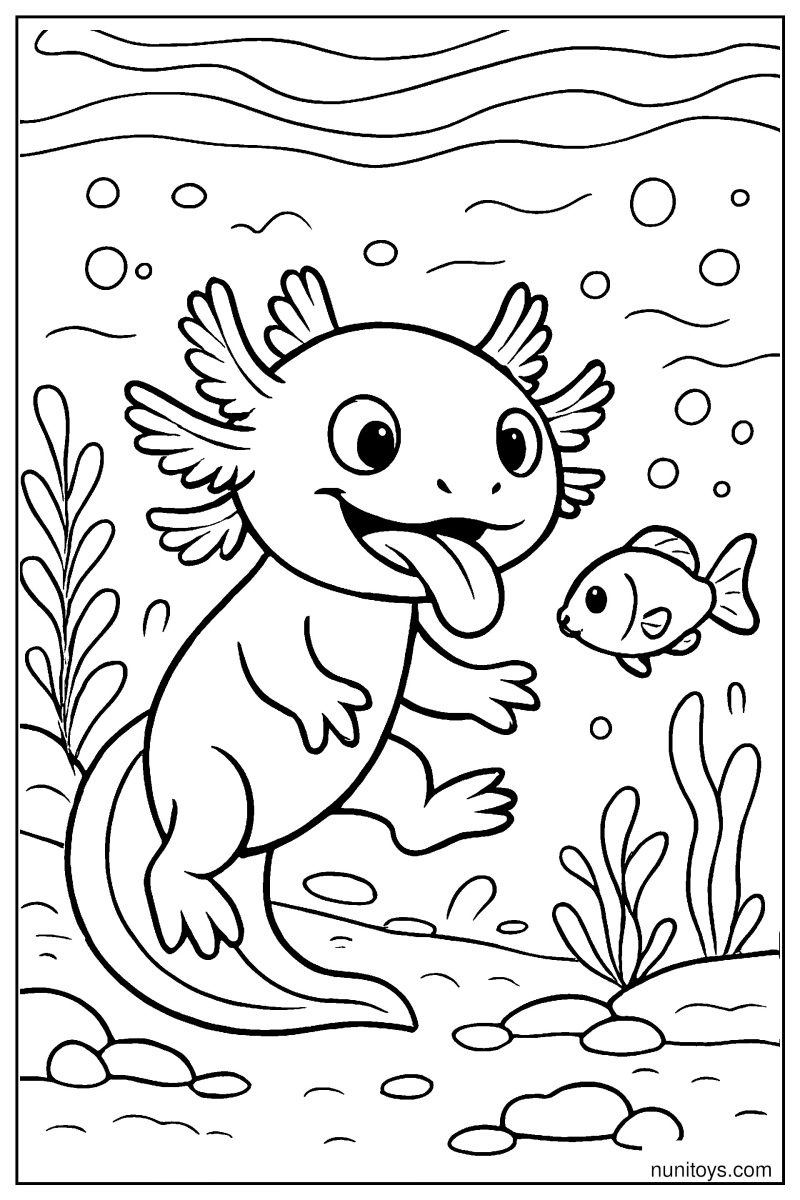 דף צביעה אקסולוטל מצחיק מוציא לשון לדג קטן