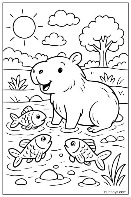 Capybara stands in water while fish swim nearby Coloring Page