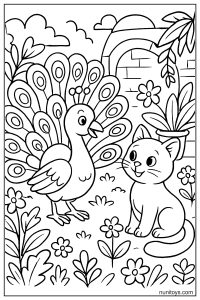 דף צביעה טווס עומד מול חתול בגינה עם פרחים