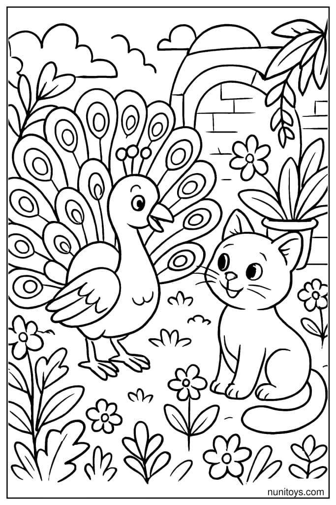 דף צביעה טווס עומד מול חתול בגינה עם פרחים