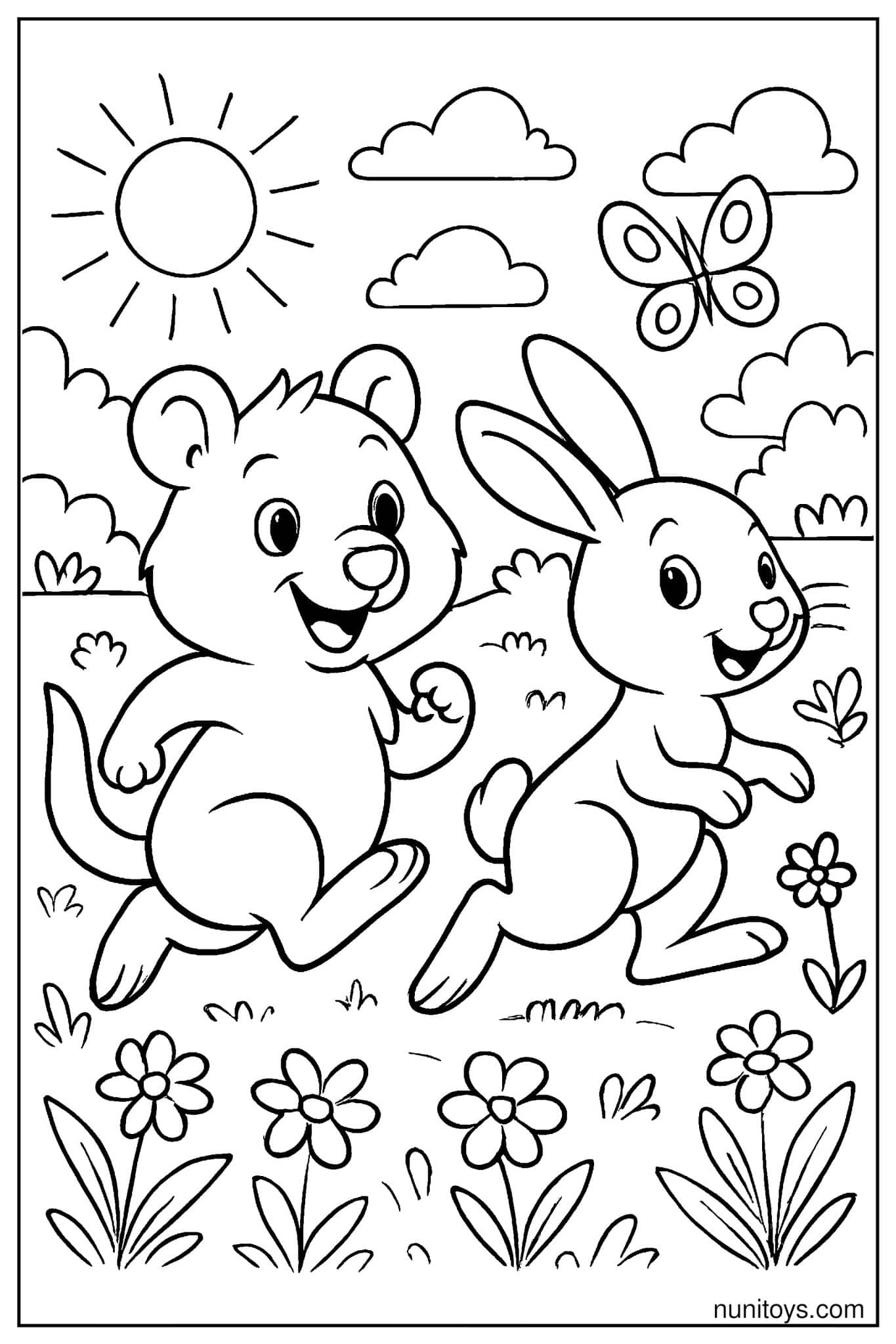 Playful Quokka Running with Rabbit Across Meadow Coloring Page - nunitoys