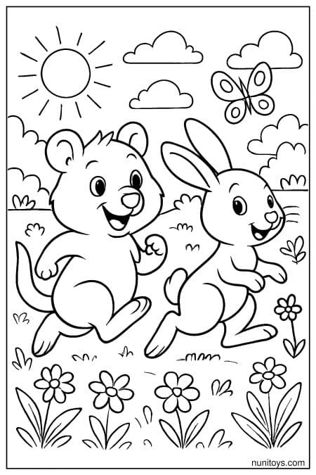 Quokka and rabbit running together through flower field Coloring Page