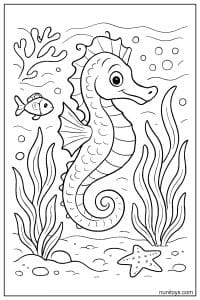 Seahorse Coloring Page with Fish and Starfish Scene