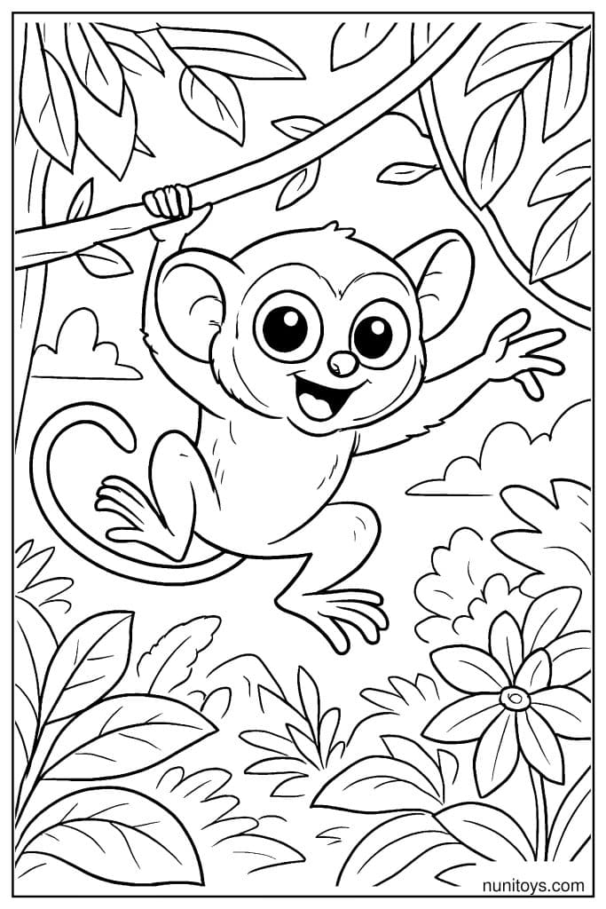Tarsier Swinging from Branch with Leaves Around Coloring Page