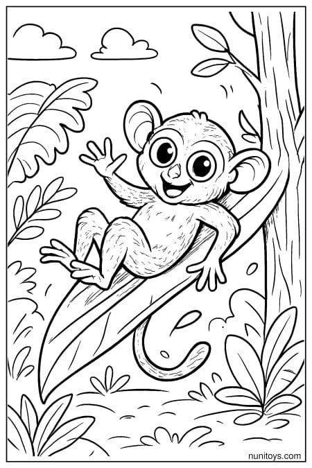 Playful Tarsier Sliding on Branch Coloring Page