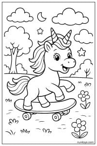 Unicorn Riding Skateboard in Park Coloring Page
