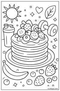 דף צביעה של פנקייקים עם פירות וציוד ספורט מסביב