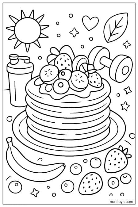Pancakes with Banana Slices and Sweet Drizzle Coloring Page