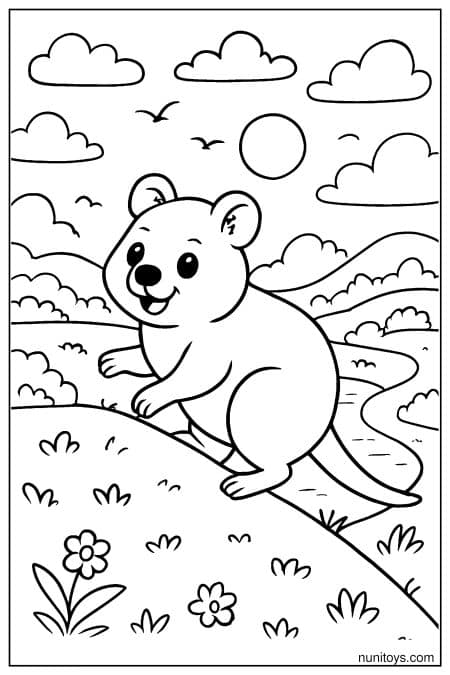 Quokka looks back while standing on winding path Coloring Page