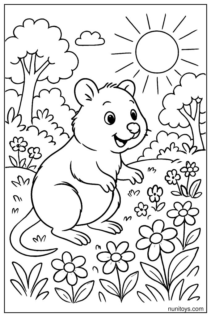 Quokka Discovering a Hidden Clearing with Flowers and Sunlight Coloring Page