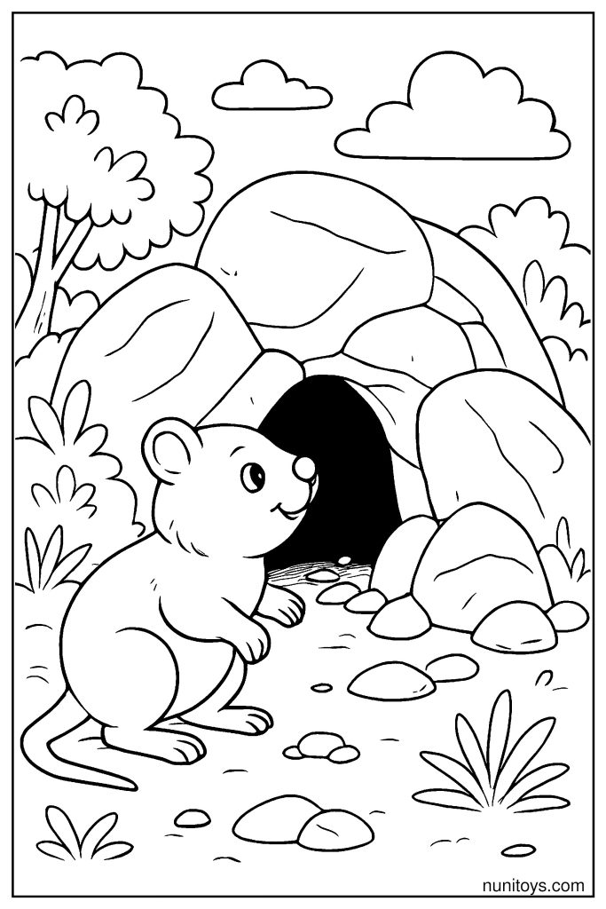Quokka Discovering a Small Cave with Rocks and Shadows Coloring Page