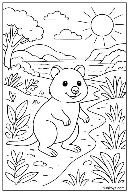 Quokka stands on winding path near water and hills Coloring Page