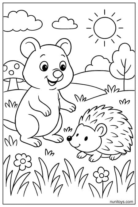 Quokka meets hedgehog in grassy field with flowers Coloring Page