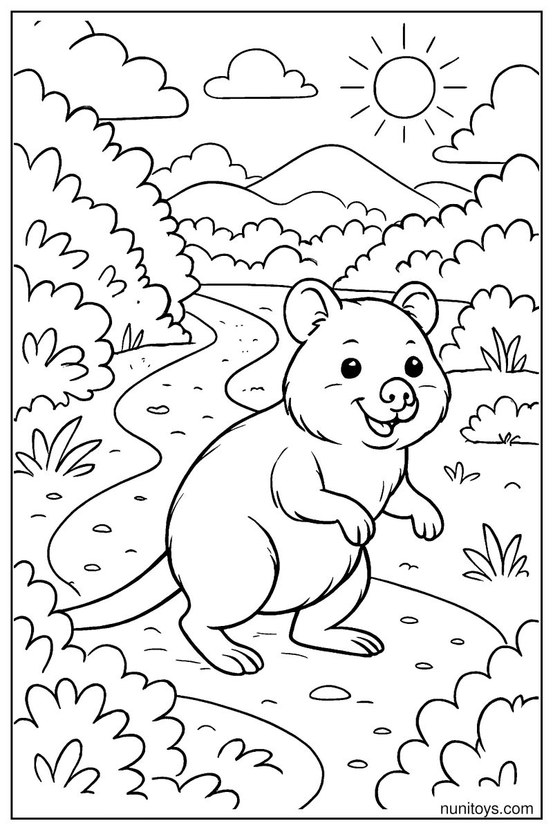 Quokka Trail through Bushes and Open Landscape Coloring Page