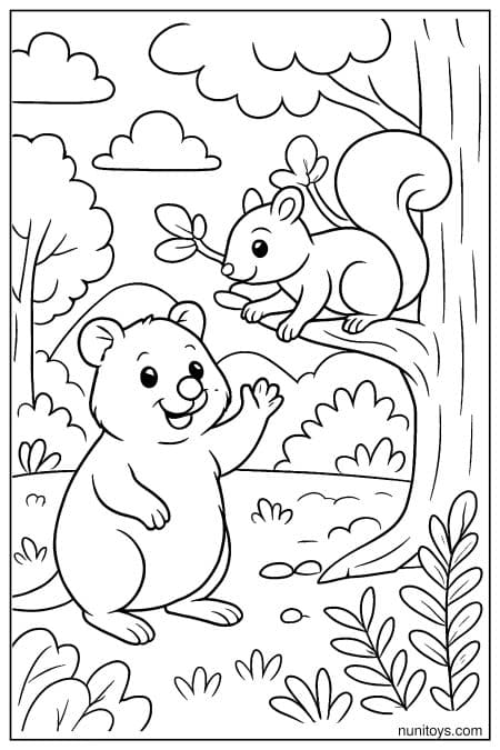 Quokka waves at squirrel sitting on tree branch Coloring Page