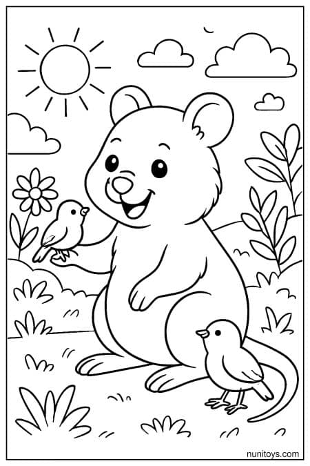 Quokka gently holding small birds in sunny meadow Coloring Page