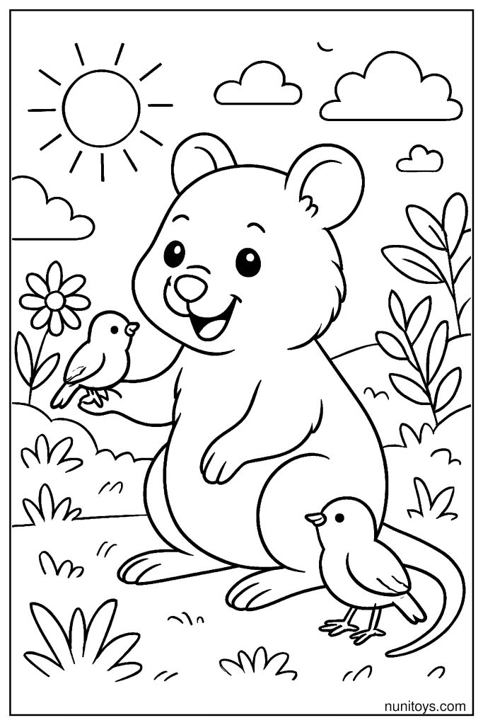 Quokka Interacting with Small Birds in a Sunny Scene Coloring Page