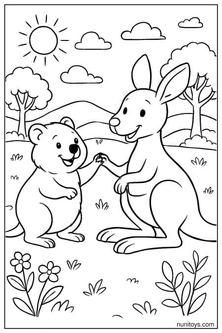 Quokka and kangaroo sharing a friendly moment outdoors Coloring Page