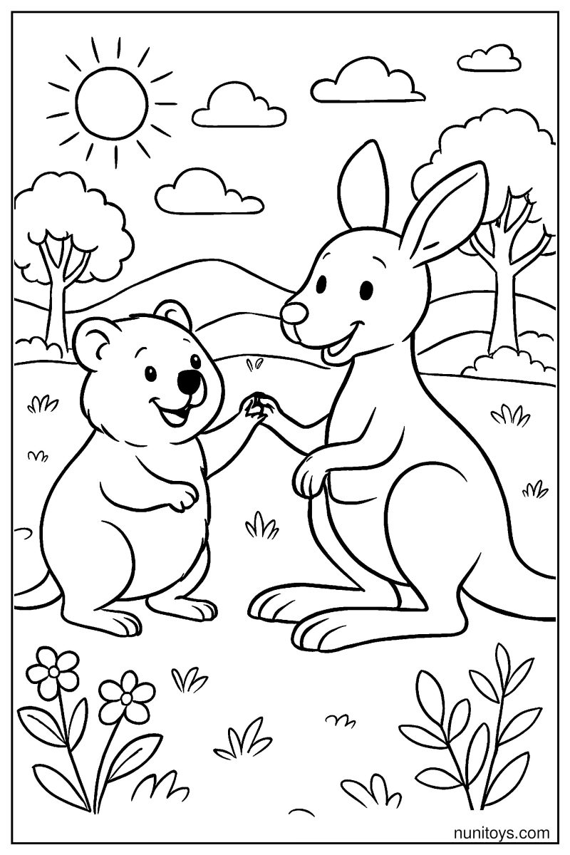 Quokka Playing with Kangaroo in Open Field Coloring Page