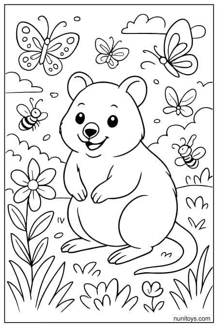 Quokka surrounded by butterflies in flower-filled meadow Coloring Sheet