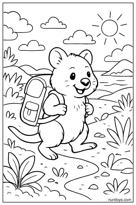Quokka walks with backpack along sunny nature path Coloring Sheet