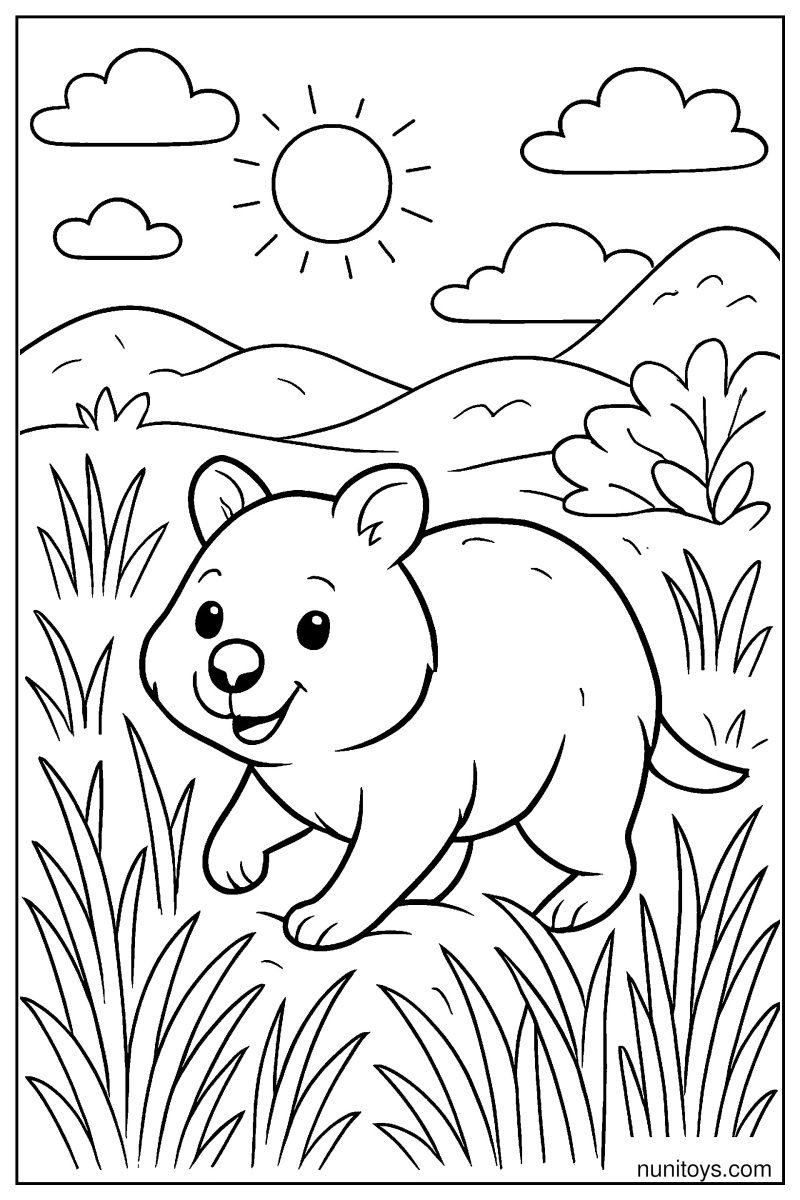 Quokka Walking Through Tall Grass with Distant Hills Coloring Page