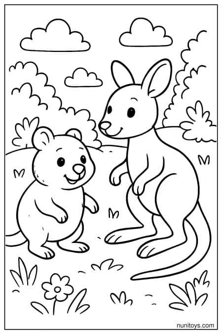 Quokka meets kangaroo in open field under sunny sky Coloring Page