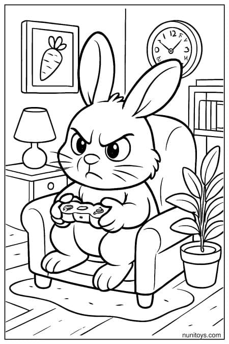 Bunny Playing Video Game in Living Room Scene Coloring Page