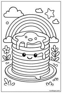 דף צביעה של פנקייק מחייך עם סירופ וקשת בענן