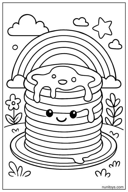 Sweet Pancakes with Syrup in a Bright Rainbow Landscape Coloring Page