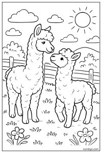 דף צביעה שתי אלפקות עומדות יחד בשדה עם גדר