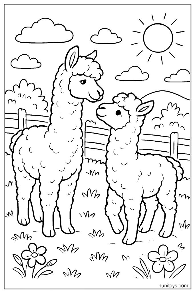 דף צביעה שתי אלפקות עומדות יחד בשדה עם גדר