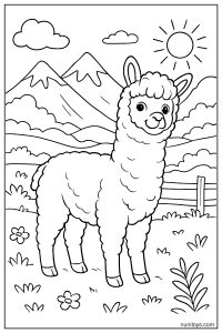 דף צביעה אלפקה עומדת ליד גדר עם הרים ושמש