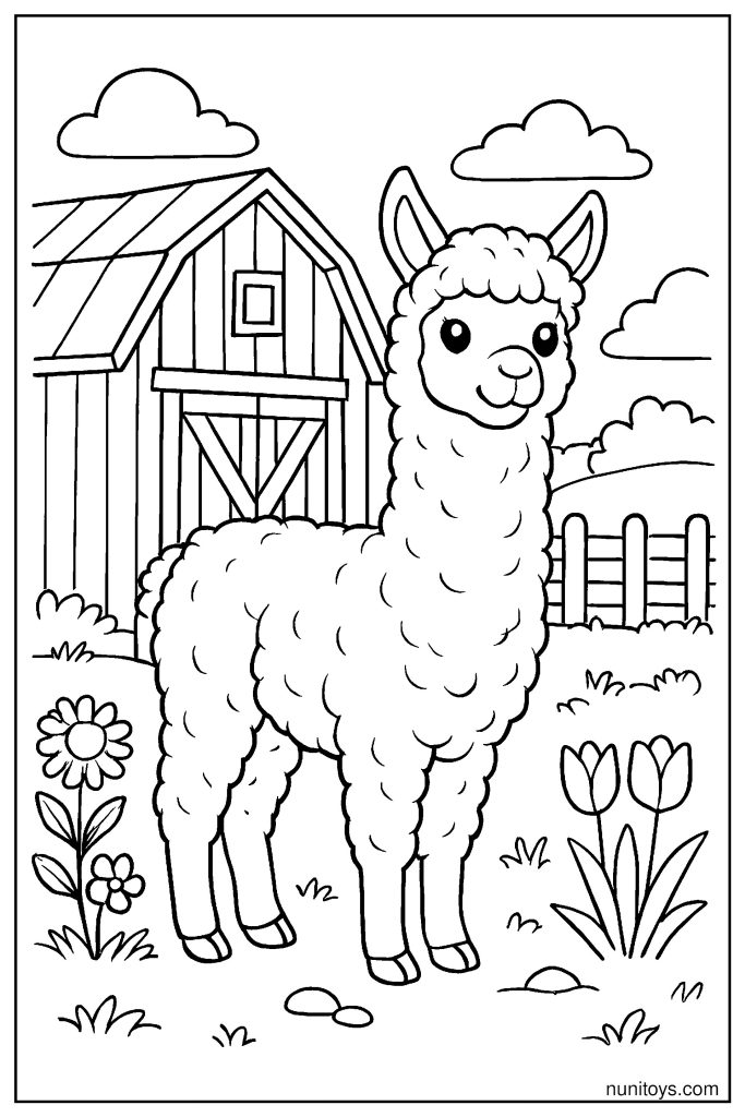 דף צביעה אלפקה עומדת ליד אסם בשדה פרחים