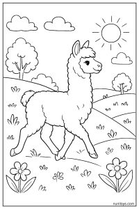 דף צביעה אלפקה הולכת בשדה פרחים עם שמש ועננים