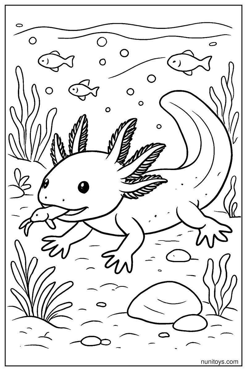 דף צביעה אקסולוטל אוכל דג קטן בקרקעית הים