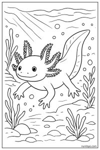 דף צביעה אקסולוטל שוחה באור השמש מתחת למים