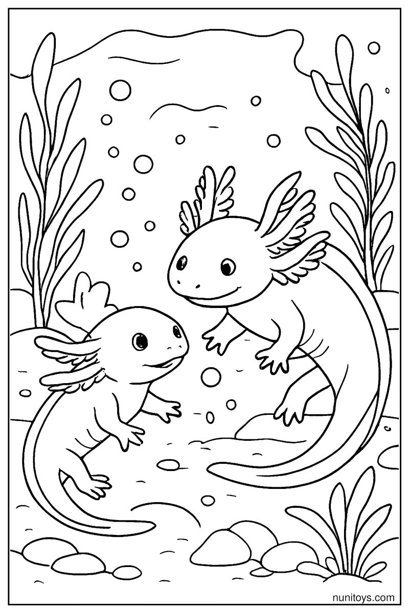 דף צביעה שני אקסולוטלים משחקים יחד במים