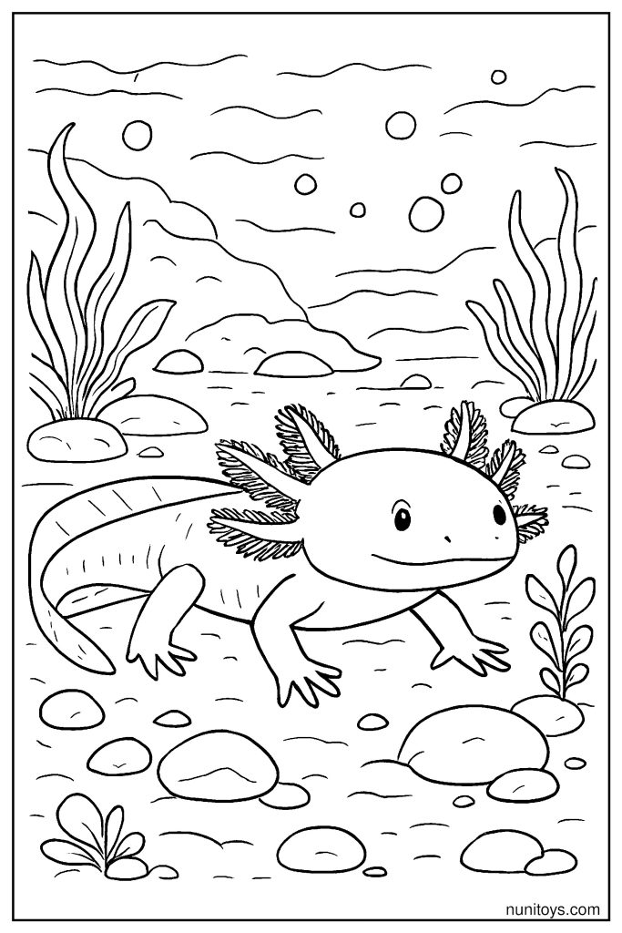 דף צביעה אקסולוטל שוחה מעל קרקעית סלעית במים רגועים