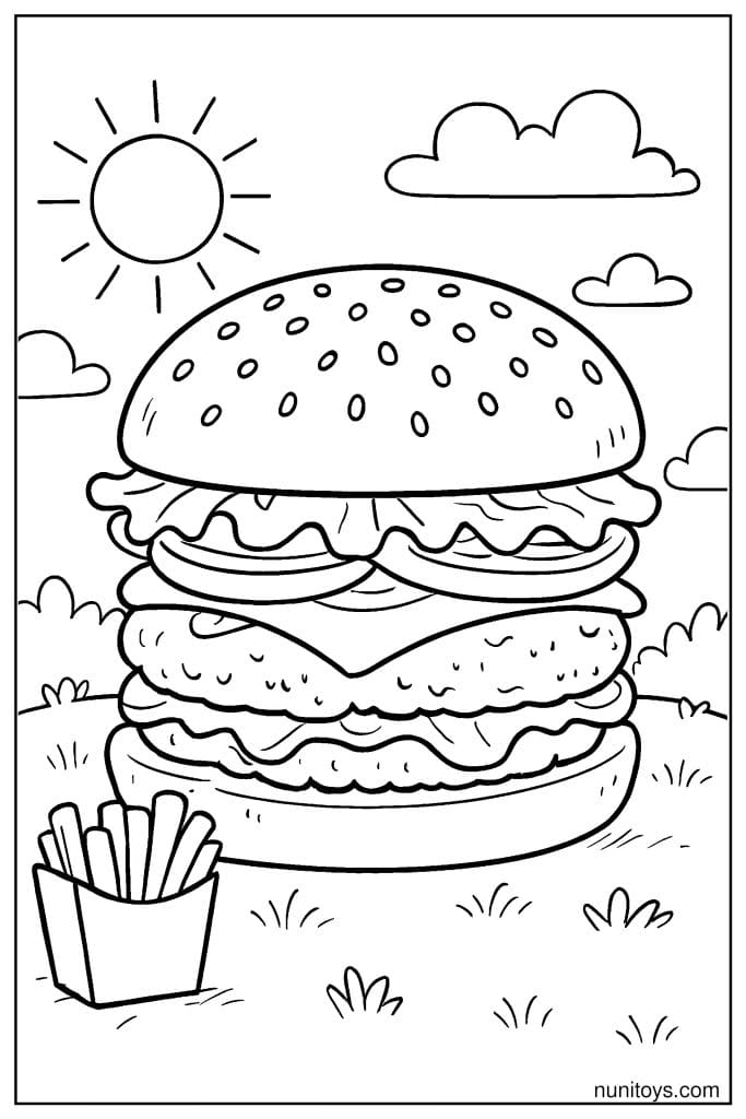 Burger in Bloom: Realistic Burger Coloring Page