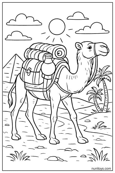 Printable Camel with Backpack Near Pyramid in Desert