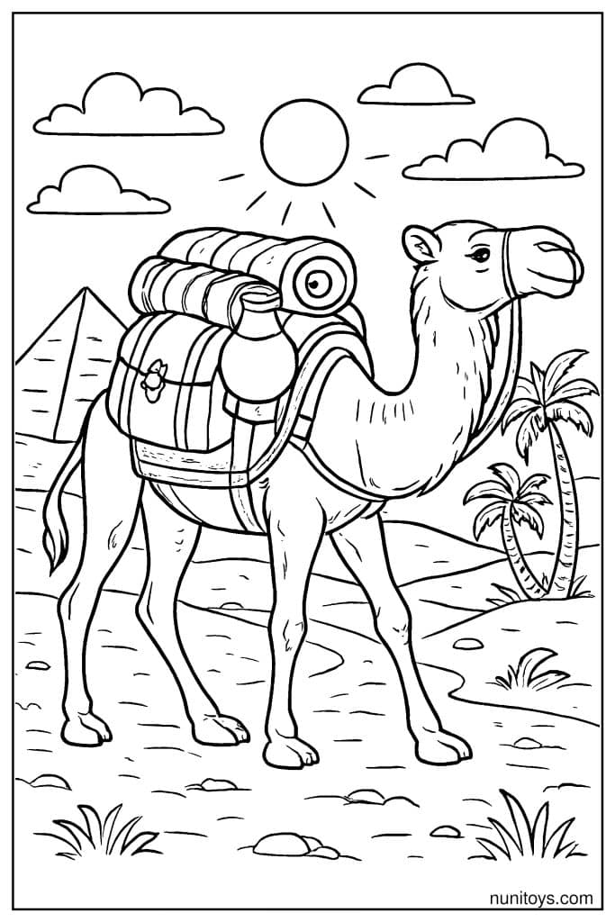 Printable Camel with Backpack Near Pyramid in Desert