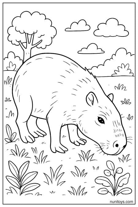 Capybara grazes on grass in open field landscape Coloring Page