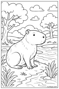 Realistic Capybara by the Riverside: Trees, Open Landscape Coloring Page
