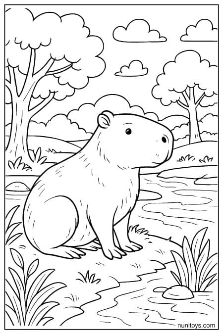 Capybara sits by river with trees and flowing water Coloring Page