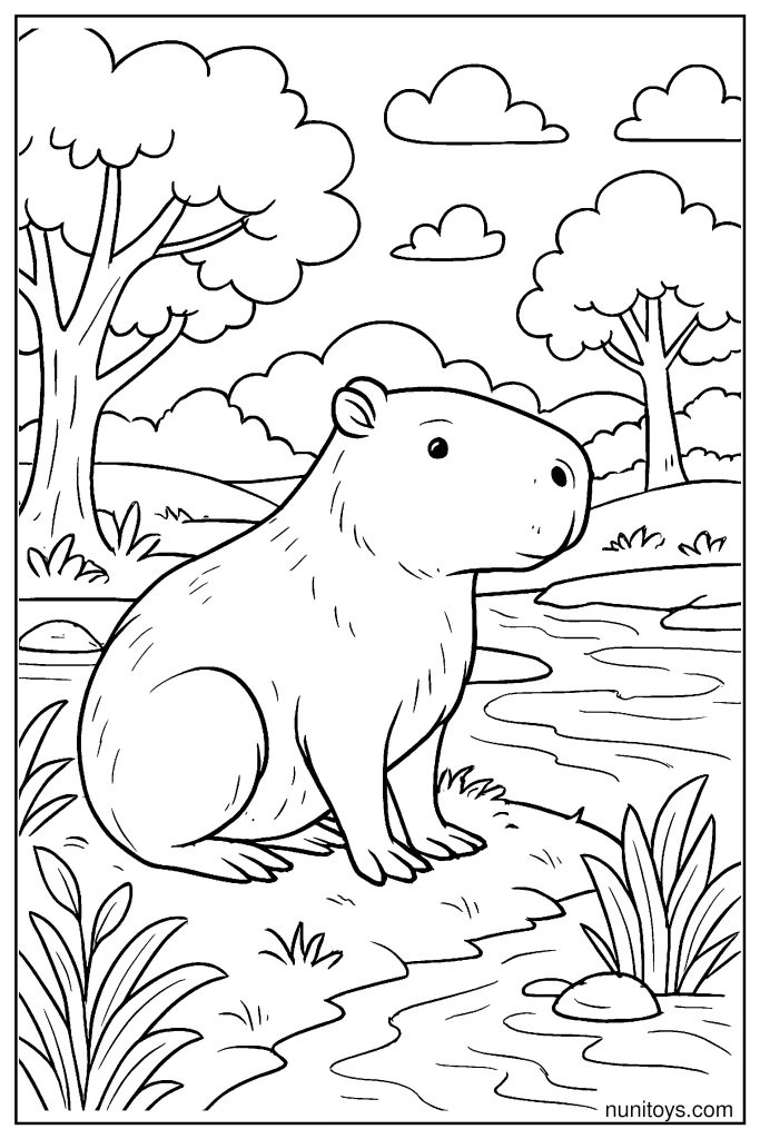 Realistic Capybara by the Riverside: Trees, Open Landscape Coloring Page