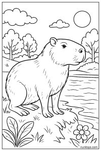 Realistic Capybara Standing by the Riverbank Coloring Page