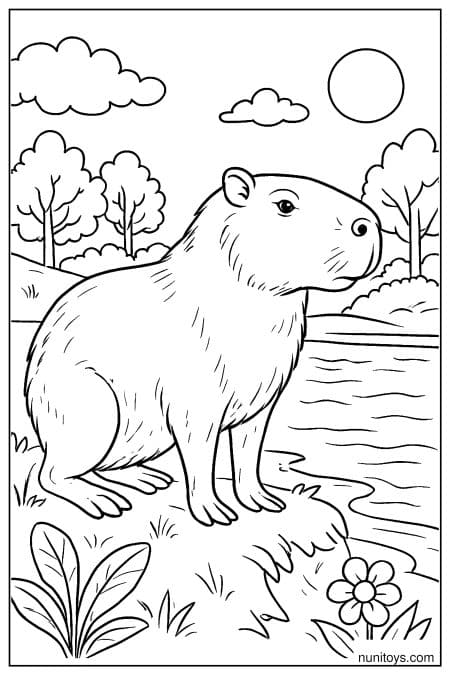 Capybara stands by river with plants and open sky Coloring Page