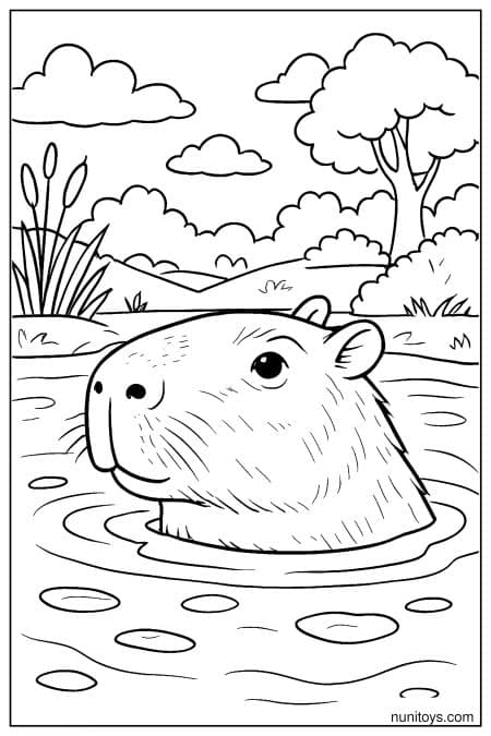 Capybara swims with head above water in calm river Coloring Page