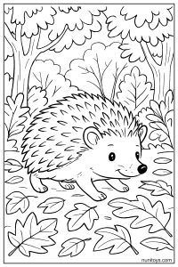 דף צביעה של קיפוד הולך בין עלים נושרים ביער